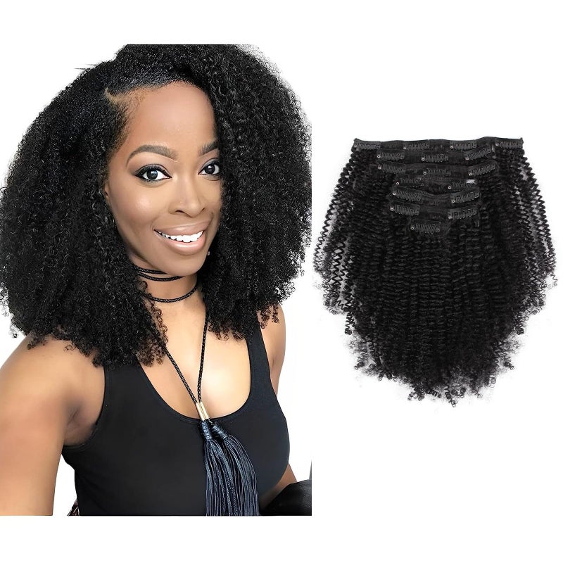 Sassina Remy Hair Extensions 4C Afro Clip in for Black Women Natural Black Afro Kinky Coily Clip in Human Hair Double Wefts 120 Grams 7 Pieces per Set With 17 Clips 4AC 12 Inch